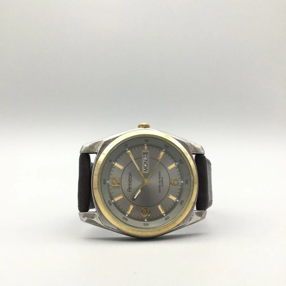 Armitron Mens Watch 38mm Two Tone Leather Strap Day Date 165FT New Battery